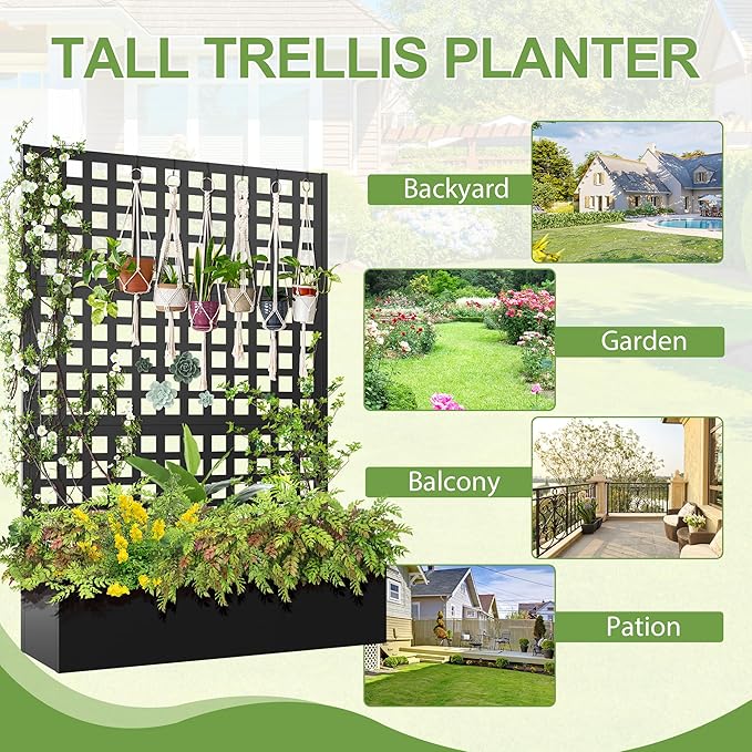 Metal Raised Garden Bed Trellis Planters Bed with Drainage Holes for Climbing Plants Vegetables Outdoor Privacy Screen with Planter Box 73x47x16 Black