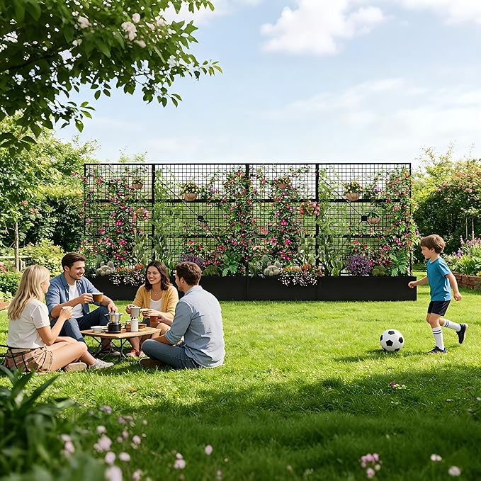 Metal Raised Garden Bed with Trellis and Privacy Screen 71×47.2×16 Planter Box with Drainage Holes for Climbing Plants Vegetables Vines Outdoor Sturdy Planter Box for Patio Backyard Black