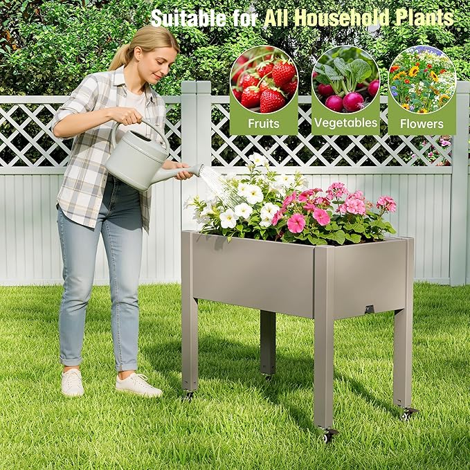 Raised Garden Bed with Legs 26.3 Tall Elevated Planter Box with Drainage Holes Water Gauge Lockable Wheels Weatherproof Resin Design for Vegetables and Flowers for Backyard Patio Balcony(Gray)