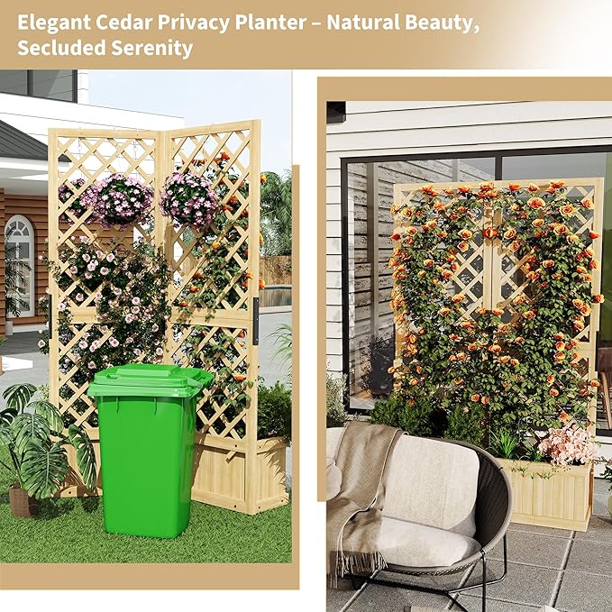 Cedar Privacy Screen with Planter Box - 2-Panel 65 Tall Outdoor Divider Freestanding Garden Fence with Raised Bed &amp Drain Holes for Patio Deck Backyard (Natural Wood)