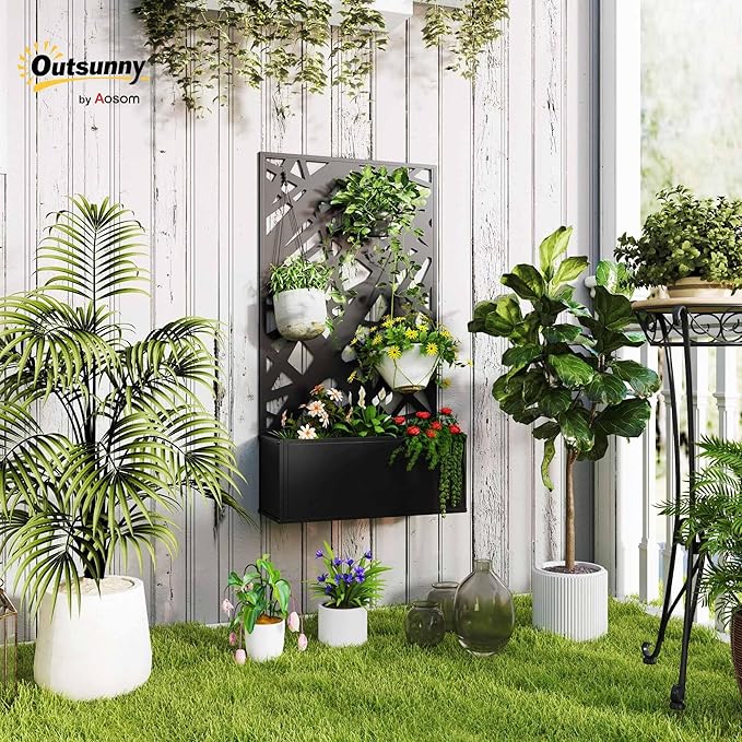 Outsunny Metal Raised Garden Bed with Trellis for Climbing Plants Freestanding or Wall Mounted Flower Bed with Privacy Panel Irregular Line Cut-Outs Outdoor Planter Box for Garden Patio Balcony