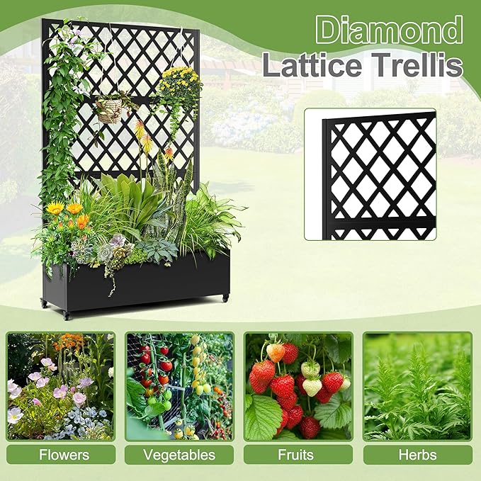 Metal Planter Trellis Box with Wheels &amp Drain Plug Outdoor Raised Garden Bed Patio Privacy Screen with Planter for Climbing Plants Vegetables 73x47x16 Black-Diamond