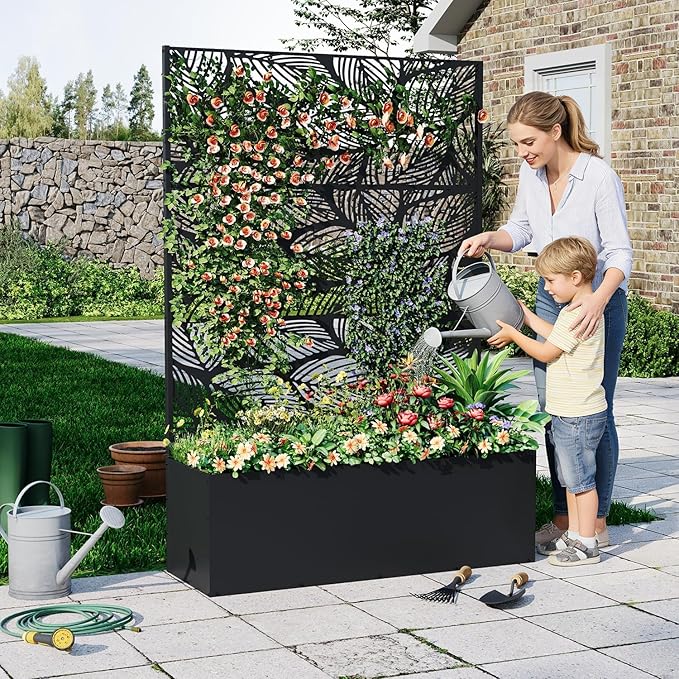 Metal Planter Box with Trellis 71X47X16 Privacy Planter for Patio Large Raised Garden Bed with Privacy Screen for Climbing Plants with Drainage Holes 15.7 Deep Planting Bed