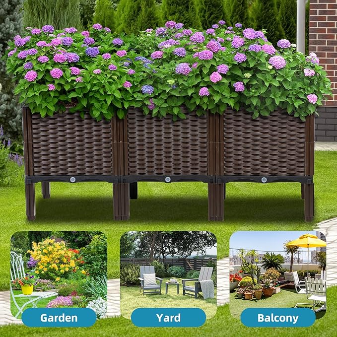 Rattan Raised Garden Bed with Legs-Rectangular Elevated Deep Planters for Outdoor Plants Self Watering Planter Box 47L x 16W x 20H Rectangular Deep Garden Bed for Vegetables Flowers Herbs