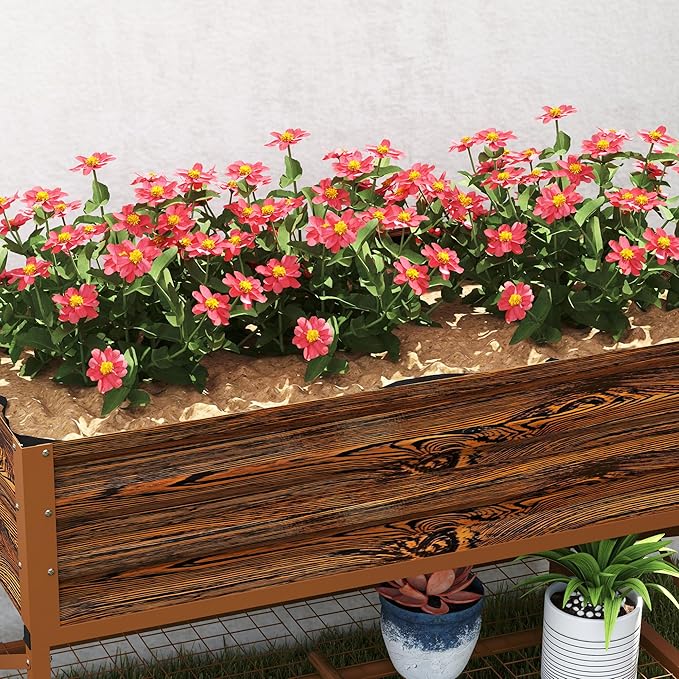 Outsunny Raised Garden Bed with Galvanized Steel Frame Storage Shelf and Bed Liner Elevated Planter Box with Legs for Vegetables Flowers Herbs Dark Brown
