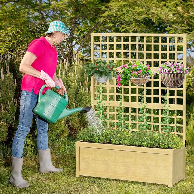Raised Garden Bed with Trellis Freestanding Wood Planter Box w/Drainage Holes for Vine Climbing Plants Flowers Elevated Garden Box Outdoor Planter with Trellis for Patio Balcony