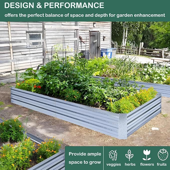 Galvanized Raised Garden Beds for Vegetables Large Metal Planter Box Steel Kit Flower Herb (8 x 4 x 1 ft * 2 Pack Galvanized)