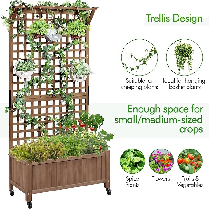 Yaheetech 72 H Garden Planter with Trellis for Vine Climbing Horticultural Plants Outdoor Raised Box with Drainage Holes Raised Garden Bed for Flowers Dark Brown 2pcs