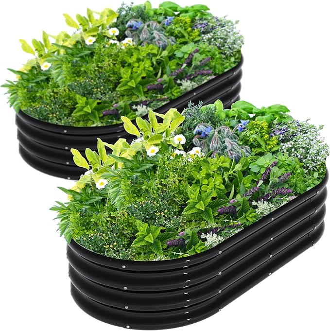 2Pcs 4X2X1ft Oval Raised Garden Bed KitGalvanized Raised Garden Beds Outdoor Metal Planter Box Steel Kit Flower HerbVegetables..Black