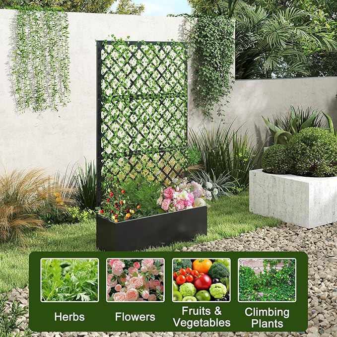 Metal Raised Garden Bed with Trellis Privacy Screen Planter Box for Climbing Plants 40 x 12 x 71 Inches Outdoor Standing Flower Bed with Drainage (Diamond)