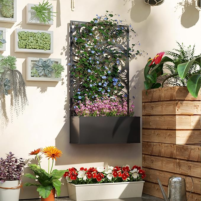 Outsunny Metal Raised Garden Bed with Trellis for Climbing Plants Freestanding or Wall Mounted Flower Bed with Privacy Panel Snail Cut-Outs Outdoor Planter Box for Garden Patio Balcony