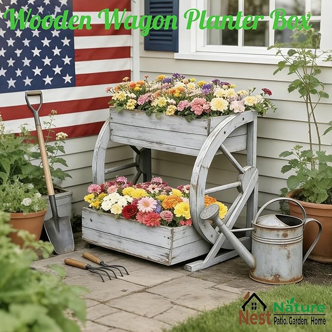 Wooden Wagon Garden Planter Box with Wheels-Indoor/Outdoor Decor for Patio Backyard Balcony-Country Farmhouse Flower Box-2 Tier Rustic Garden Raised Bed for Flowers Herbs Vegetables