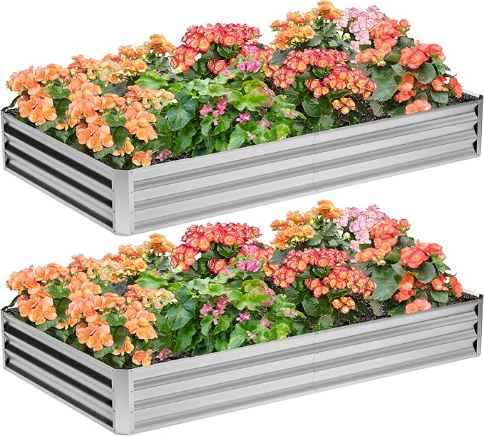 2PCS 8x4x1FT Galvanized Raised Garden BedPlanter Raised Beds-Metal Garden BoxLarge Plant for Outdoor Planting Vegetables BedFlowerherb-Silver