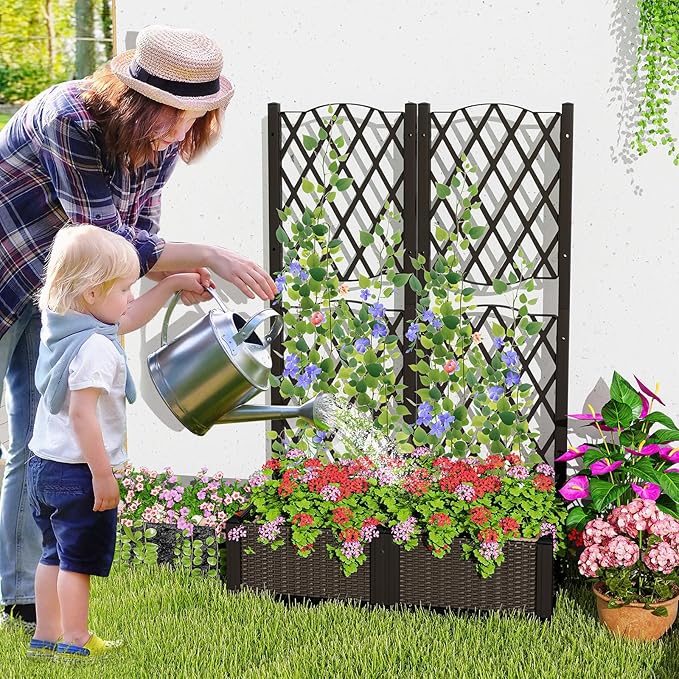 LDAILY Moccha Raised Garden Bed with Trellis - Planter with Trellis Self-Watering Device Drainage Hole Standing Garden Bed for Climbing Plant Vegetable Herb Flower (32”L x 16”W x 53”H)