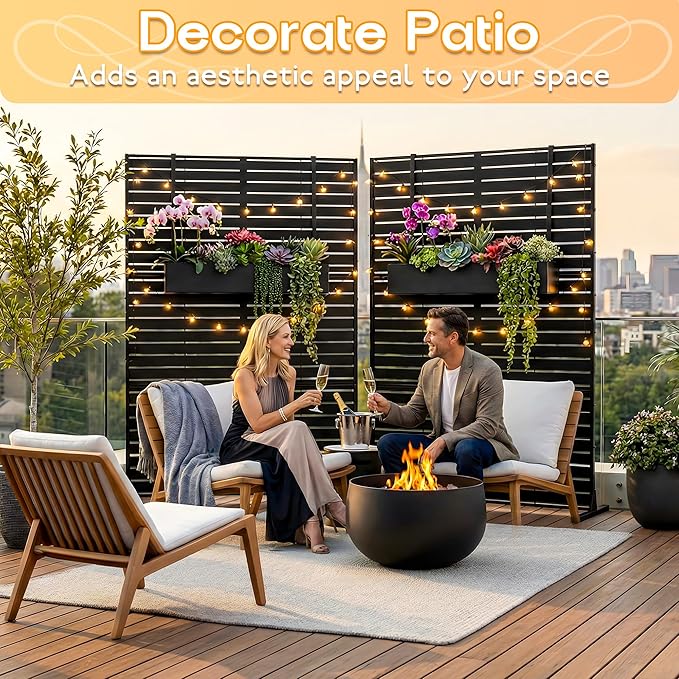 Metal Privacy Screen 72 H x 47.2 Decorative Outdoor Privacy Screen Privacy Panel with Stand for Balcony Deck Patio Lawn Garden Privacy Fence (Black-Louvered)