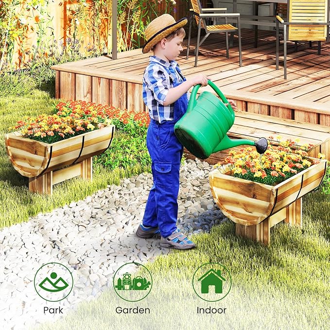 Giantex Half Barrel Raised Garden Bed Acacia Wood Planter Box for Flower Vegetable Fruit Outdoor Indoor Plant Pot with Legs for Garden Decoration18x12x11.5