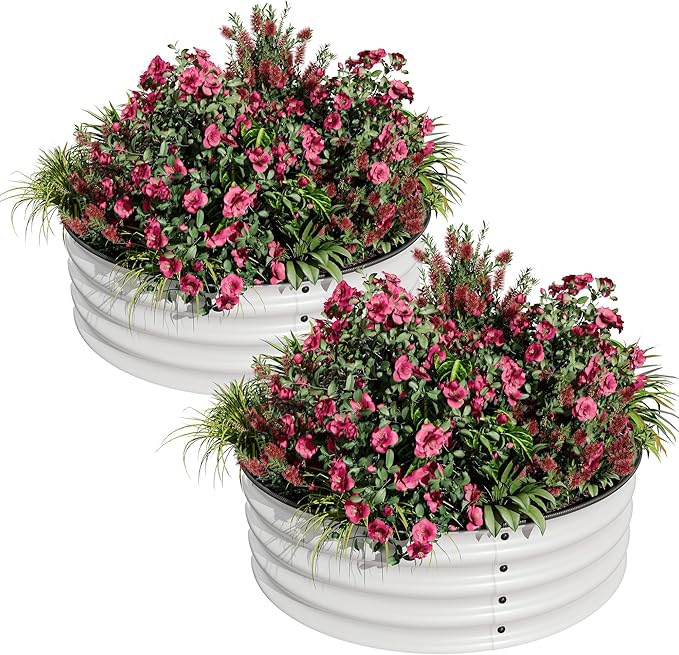 2PCS 2 x 1ft Round Raised Garden Bed Galvanized Metal Planter Box with Safety Rubber Edge Rust &amp Corrosion Resistant Easy Assembly Suitable for Vegetables Fruits Flowers Herbs White