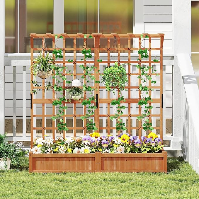 72 Raised Garden Bed with Lattice Trellis Hanging Roof &amp Drainage Holes Elevated Wooden Planter Box for Vine Climbing Plant Flower Herb &amp Vegetable