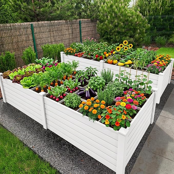 YITAHOME 4x4x2 FT Plastic Raised Garden Bed Kit Large Outdoor Above Ground Planter Box with Growth Grid for Plants Vegetables and Flowers Easy Installation White