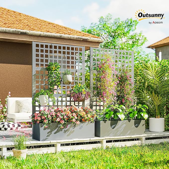 Outsunny Galvanized Raised Garden Bed with Trellis Metal Planter Box with Drainage Holes Outdoor Privacy Screen for Climbing Plants Vegetable Vines 43 x 16 x 70 2 Pack Gray Wood Effect