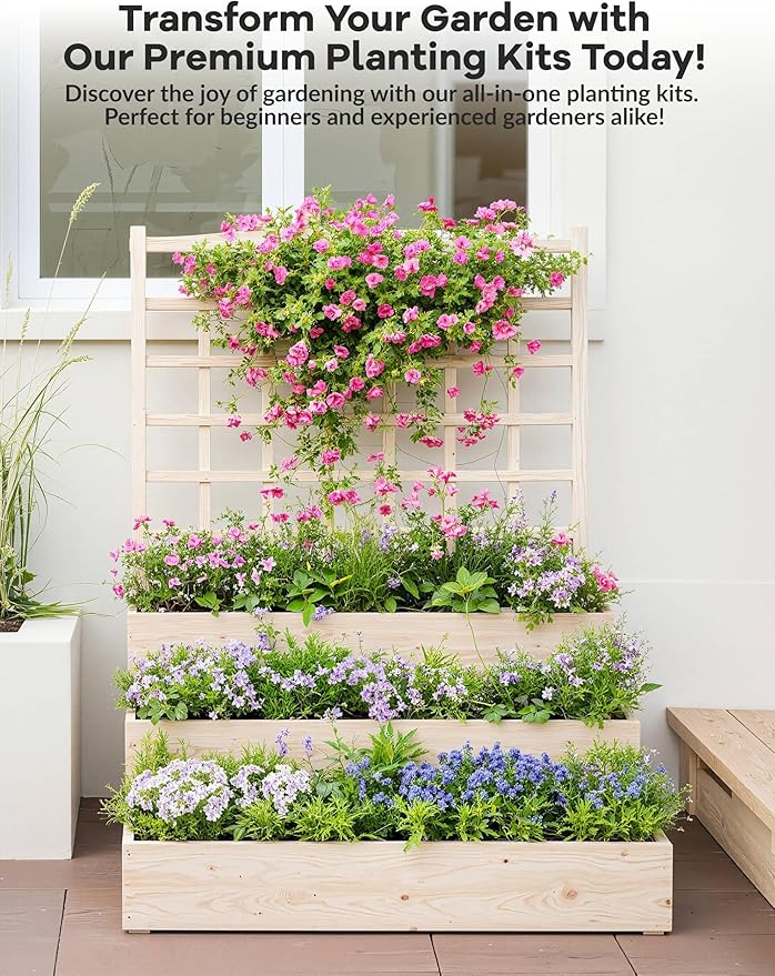 GarveeLife 3 Tier Raised Garden Bed with Trellis Wooden Vertical Planters with Open-Ended Base for Climbing Plants Vines Flower Herb Vegetable Fruit Outdoor Planter Boxes for Patio Yard Lawn