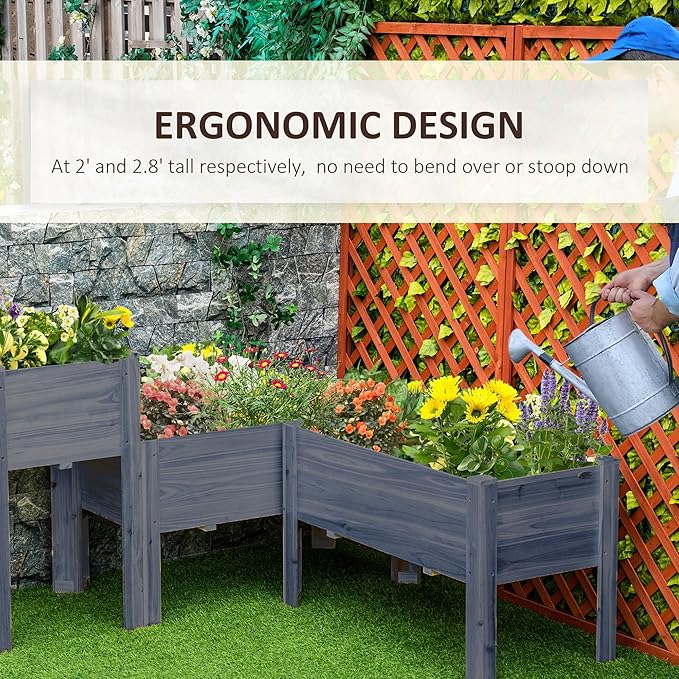 Outsunny Raised Garden Bed Set of 3 Wooden Elevated Planter Box with Legs and Bed Liner for Backyard and Patio to Grow Vegetables Herbs and Flowers Gray