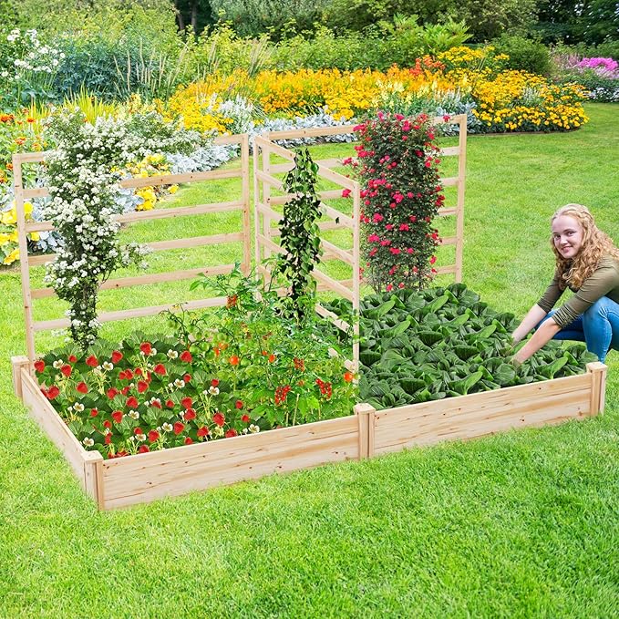 Raised Garden Bed with 3 Trellis &amp 2 Planter Boxes 88”L x 45”W x 43”H Outdoor Rectangular Raised Beds Wooden Gardening Planter for Climbing Vines Flowers Herbs Vegetables Fruits