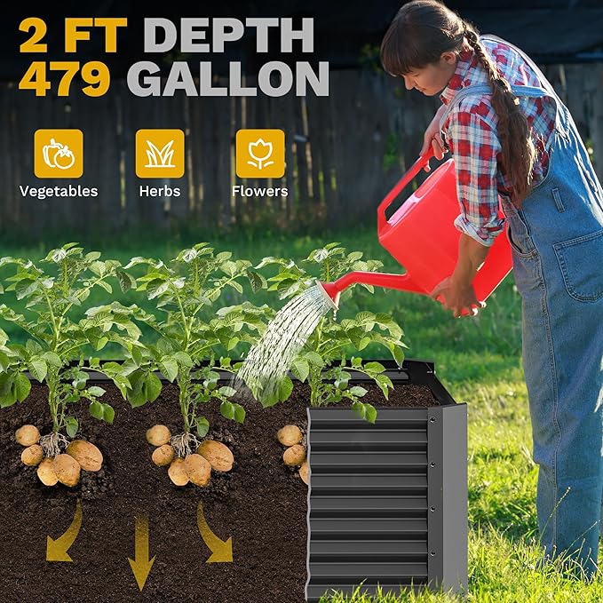 DWVO 6 x 3 x 2 FT Raised Garden Bed Kit Outdoor Galvanized Flower Bed with Gloves Large Metal Planter Box for Vegetables Flowers Herbs Fruits Black