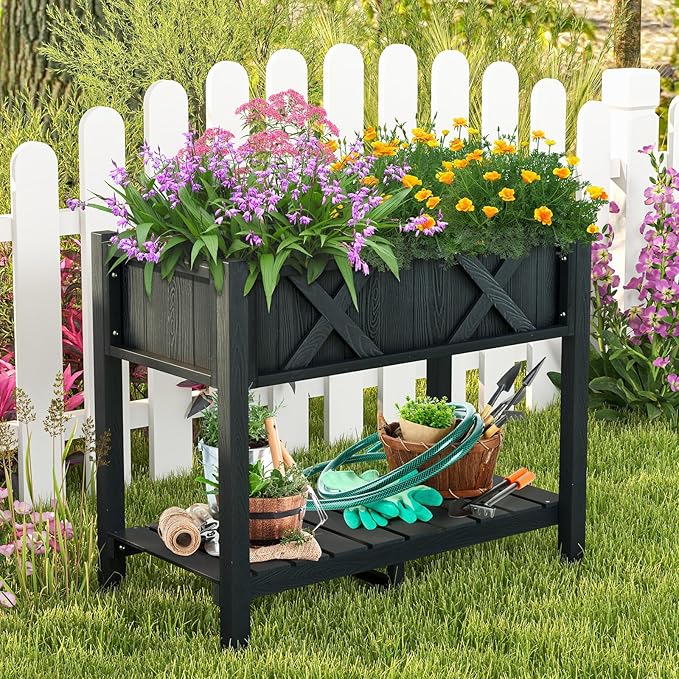 Giantex HIPS Raised Garden Bed Elevated Planter Box w/Legs Storage Shelf Drainage Holes Weather-Proof Standing Raised Beds for Backyard Balcony Flower Vegetable (Black 34 x 18 x 29)