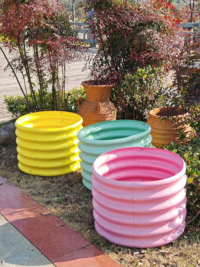A ANLEOLIFE Kids Mini Raised Garden Beds Outdoor (4-Pack)-24x24x18in Round Galvanized Metal Planter Box for Planting Vegetables Flowers Fruits Eco-Safe &amp Easy Setup Mint Green