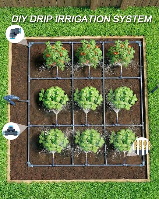 Drip Irrigation System 360° Adjustable - 2026 Upgraded 50FT Garden Watering System with 16 Nozzles and 90° Elbow Greenhouse Drip Irrigation Kit for Garden Yard Lawn Plants 5/16in HDPE Hose(Gray)