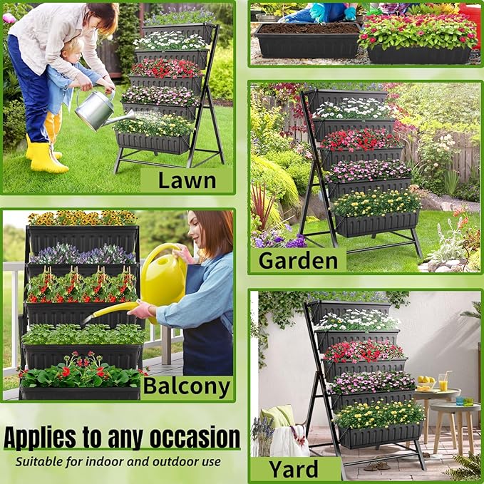 Homdox 4FT Vertical Garden Bed 5 Tiers Raised Garden Planter 25.6 * 26 * 48Inch with 4 Hooks &amp 4 Wheels Vegetable Flower Stand for Garden Patio Yard Black
