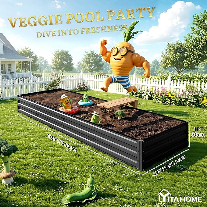 YITAHOME 6pcs 12x4x1 ft Galvanized Raised Garden Bed Kit Large Metal Planter Box with Gloves Safety Rubber &amp Support Rod Outdoor Flower Bed for Plants Vegetables Black