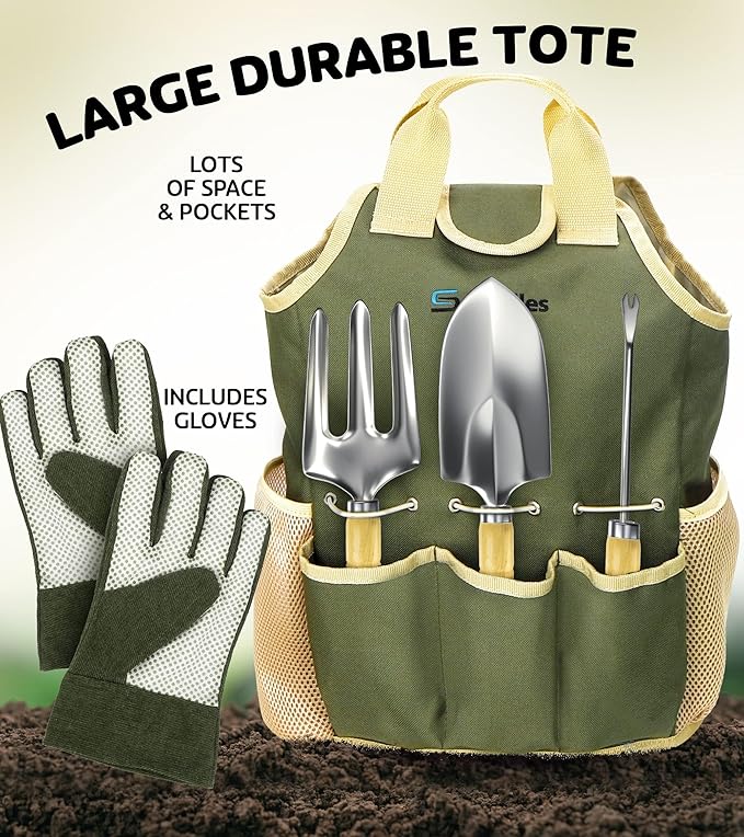 Scuddles Premium Gardening Kit for Women – 10 Stainless Steel Tools with Ergonomic Handles Tote Bag Kneeling Pad Shears Gloves Rake Trowel &amp Shovel – Garden Set for Planting Pruning &amp G