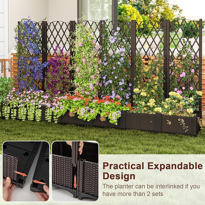 Giantex 2 Pack Raised Garden Beds with Trellis Planter Box for Vine Growing Climbing Vegetable Herb Flower Outdoor Floor Plant Bed with Self-Watering Drain Hole for Yard Balcony