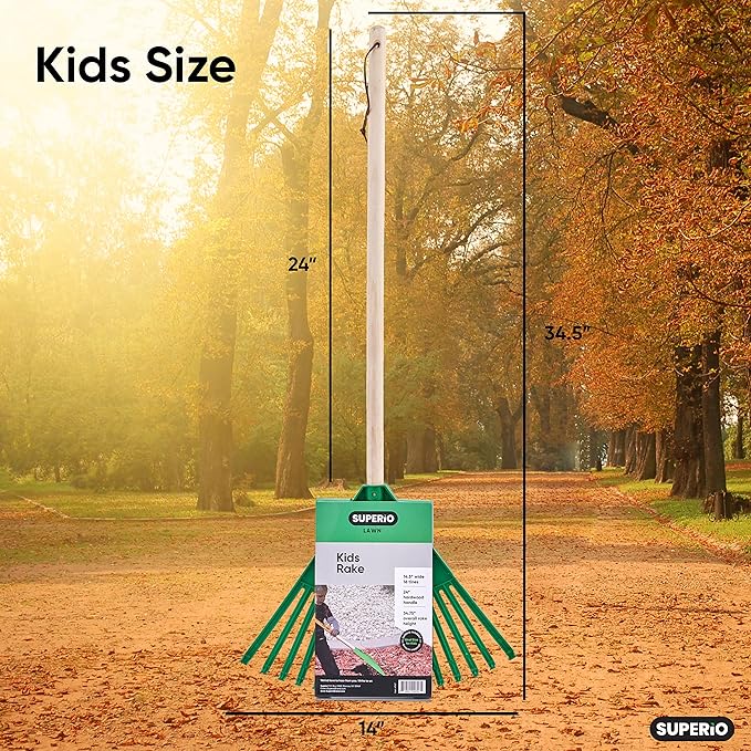 Superio Green Adult and Kids Garden Rakes with Hardwood Handle Durable Plastic Collect Loose Debris and Leaves in Lawn and Among Delicate Plants