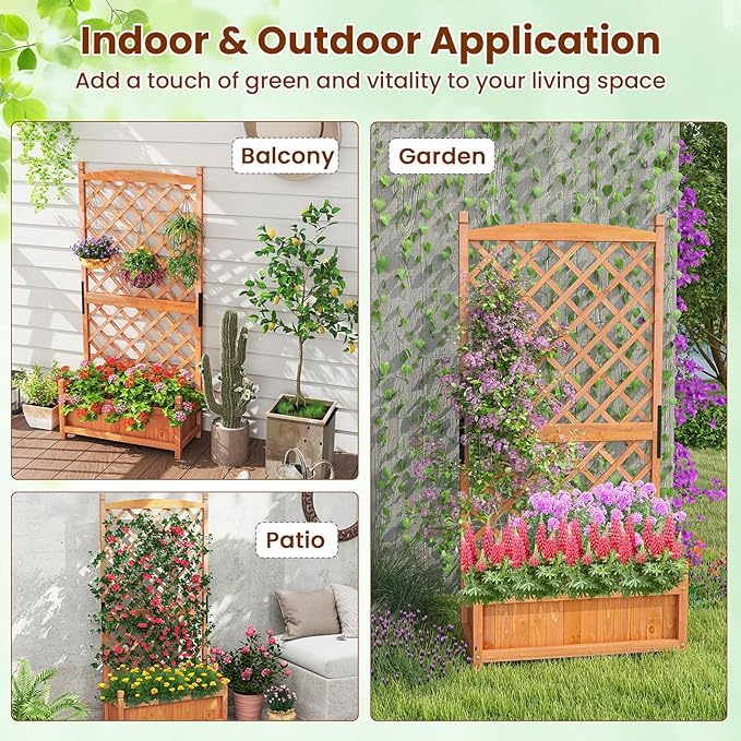 MAT EXPERT Raised Garden Bed with Trellis Lattice Panel with Hanging Roof Drainage Hole Planter Box for Flower Vine Elevated Outdoor Planter for Garden
