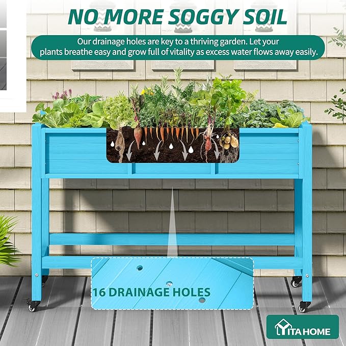 YITAHOME Raised Garden Bed HDPE 47x18x31In Raised Flower Bed Poly-Wood Weather-Resistant Elevated Planter Box with Lockable Wheels for Vegetables Aruba Blue