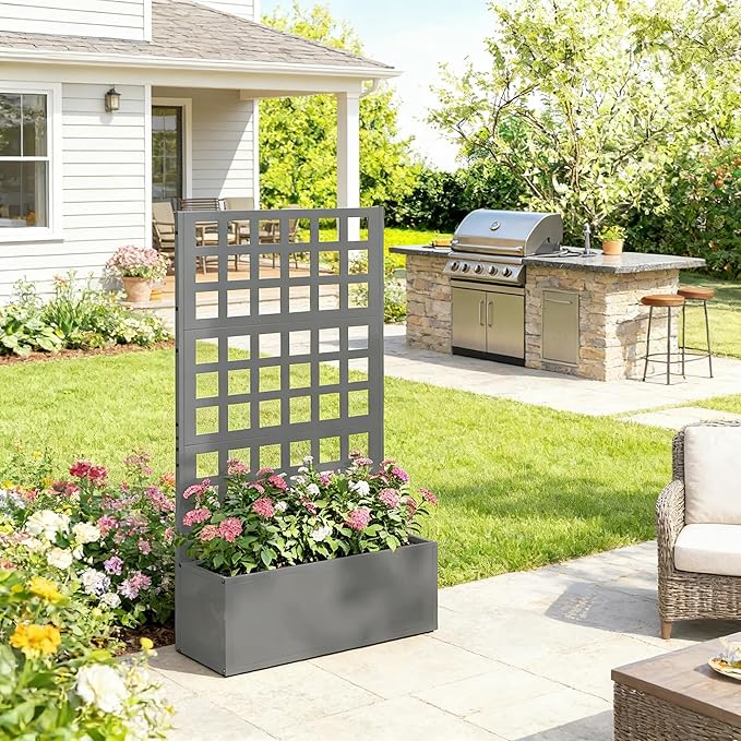 Galvanized Steel Raised Garden Bed with Trellis - Heavy-Duty Metal Planter Box for Vegetables &amp Climbing Plants Weather-Resistant Outdoor Vertical Garden Kit (Gray)