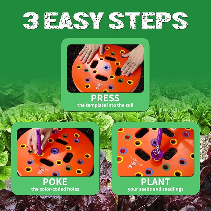 Round Seed Planting Template – Patented Color-Coded Garden Spacing Tool Kit with Seed &amp Seedling Spacer Dibber with Seed Spoon &amp Laminated Vegetable Growing Guide