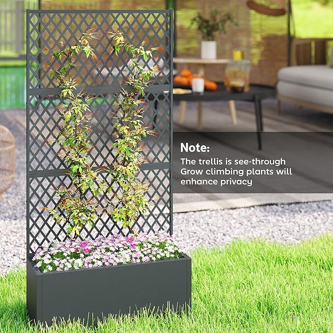 Outsunny Metal Planter Box with Trellis Raised Garden Bed with Trellis Privacy Screen and Drainage Holes for Climbing Plants Diamond Lattice Privacy Planter for Garden Patio Balcony