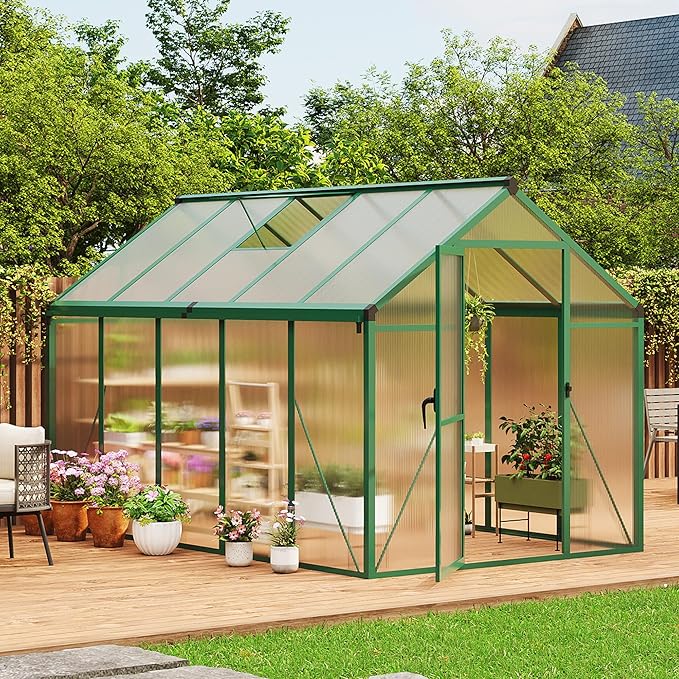 6x10 FT Greenhouse Greenhouses for Outside Polycarbonate Greenhouse with Aluminum Frame Lockable Door and Ajustable Roof Vent for Backyard Green Houses for Outside Garden Backyard Patio