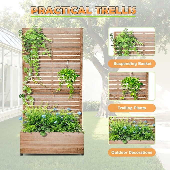Metal Raised Garden Bed with Trellis 2-in-1 Planter Box &amp Privacy Screen for Climbing Plants Outdoor Standing Flower Bed with Drainage Holes 35.4 L x 15.7 W x 70.1 H Cut Oak Grain
