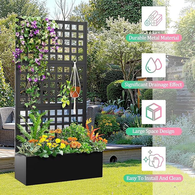 Metal Raised Garden Bed with Trellis for Climbing Plants Vegetable VinesMetal Planter Box with Trellis 71x35x16Trellis with Planter Box &amp Privacy Screen(Black)