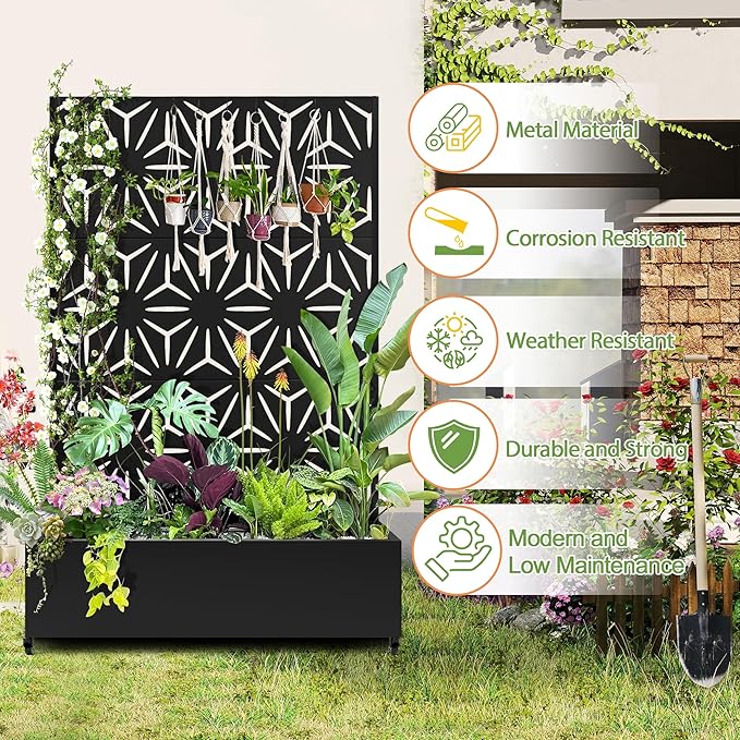 Raised Garden Bed with Trellis and Wheels73x47x16 Metal Raised Garden BedBlack Star Metal Planter with Climbing Trellis for Vines &amp Vegetables