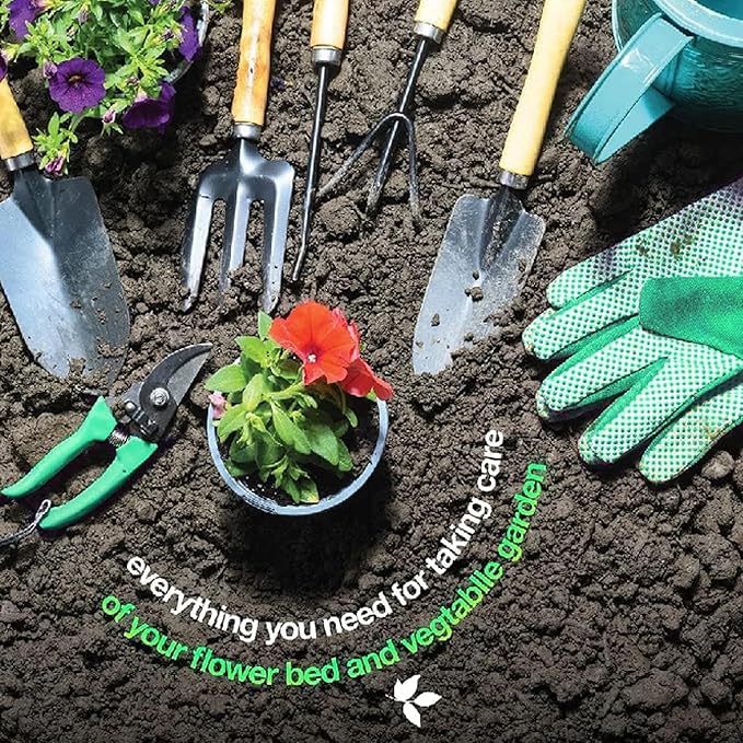 9-Piece Garden Tool Set for Women SK-5 Carbon Steel with Wooden Handle &amp Flower Tote Bag Includes Pruner Trowel Transplanter Weeder Cultivator Rake - Gardening Gifts for Mom