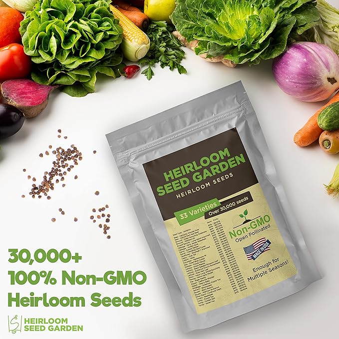 33 Variety Seed Bank Survival Gear 30000 Premium Non-GMO Open Pollinated Heirloom Seeds Made in USA