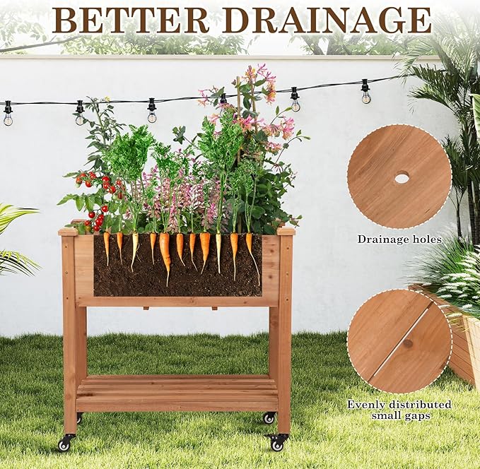 Raised Garden Bed with Lockable Wheels 32x16x32 inch Elevated Wood Planter with Storage Shelf Protective Liner for Vegetable Flower Herb Outdoor Balcony Patio Backyard Brown