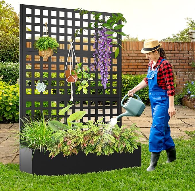 Metal Planter Box with Trellis Raised Garder Bed with Drainage Hole Privacy Screen &amp Trellis for Climbing Plants Outdoor Plant Stands 47''L×17''W×71''H Black