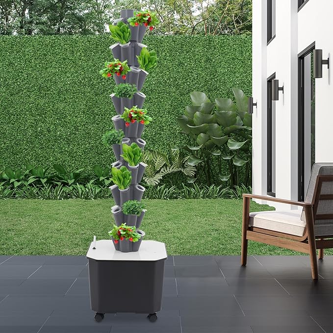 Eapmic Hydroponics Growing System Tower Garden 10-Tier 50-Hole Vertical Planter with 45L Water Tank &amp Auto Watering Indoor/Outdoor Hydroponic Garden Kit w/Wheels (Grey)